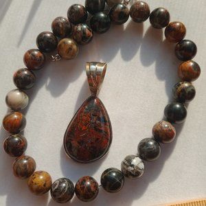 Jay King DTR large natural stone necklace and pendant agate? Jasper? 925